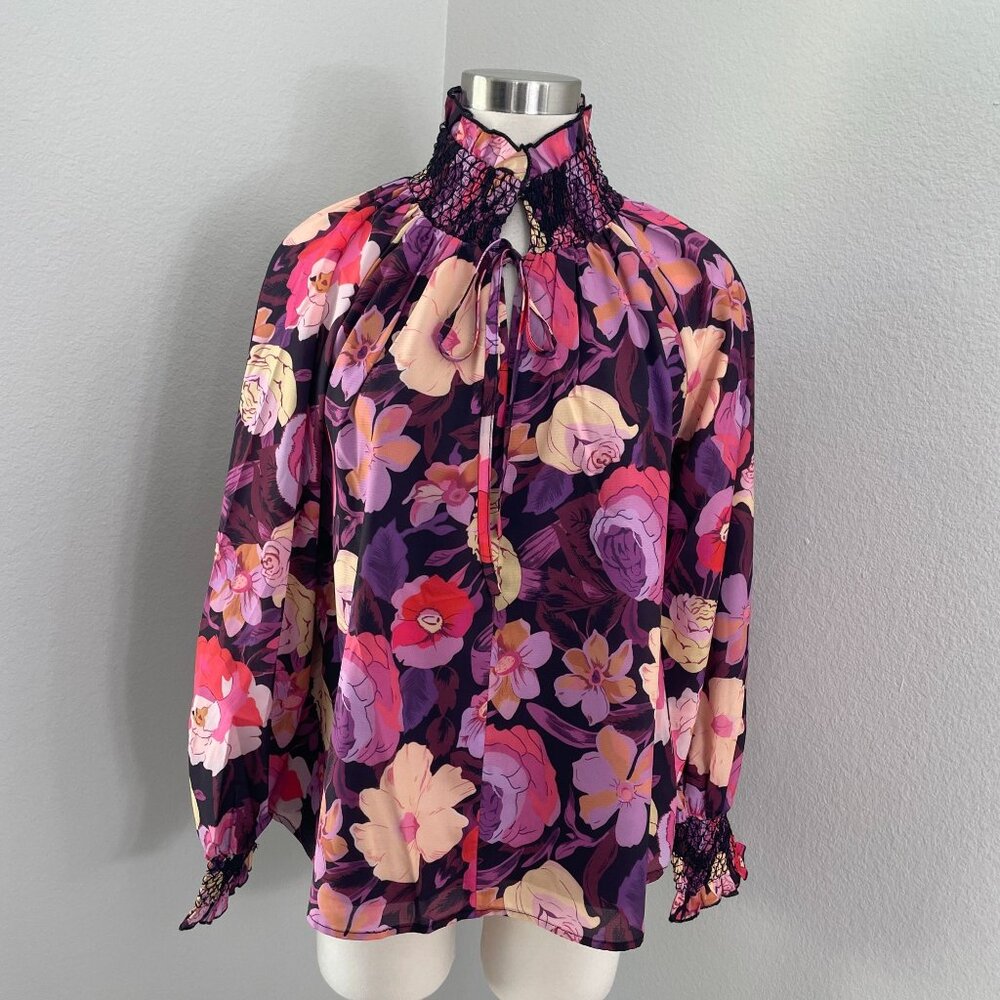 NEW Jodifl Womens Small Floral High Smocked Neck‎ Long Sleeve Blouse Shirt